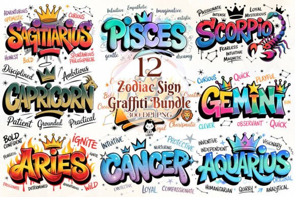 Download Zodiac Sign Graffiti Sublimation Bundle - Premium Resources